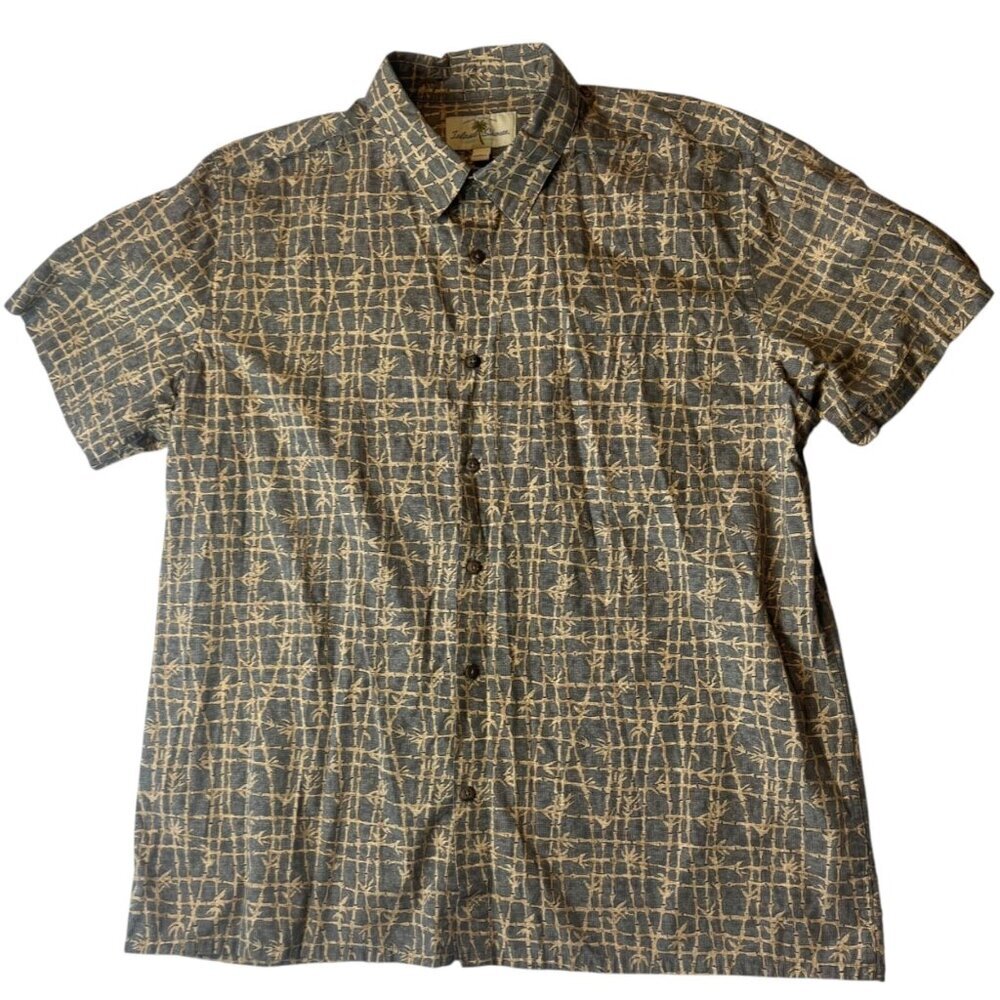 Island Shores Mens‎ XL Button Up Shirt Shark Gray Bamboo Graphic Cotton Summer